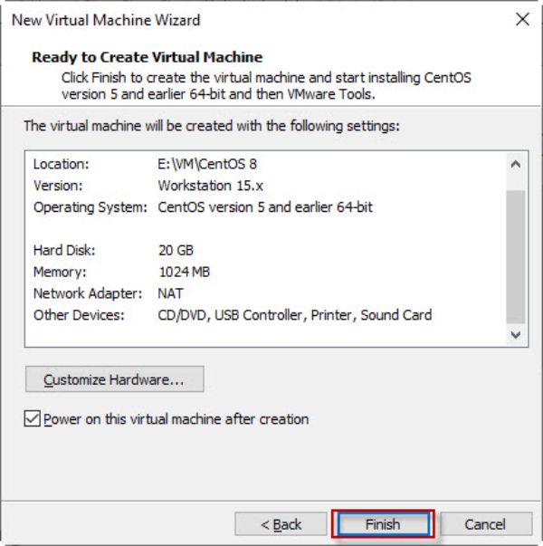 Chọn finish để hoàn tất quá trình tạo máy ảo VMware